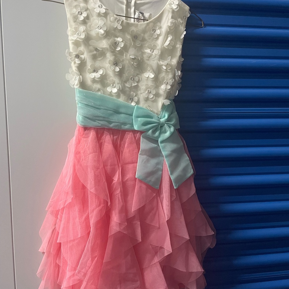 Rare Editions White and Pink Dress with Aqua Bow